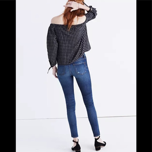 Madewell Off-Shoulder Plaid Blouse Black White - Picture 2 of 11